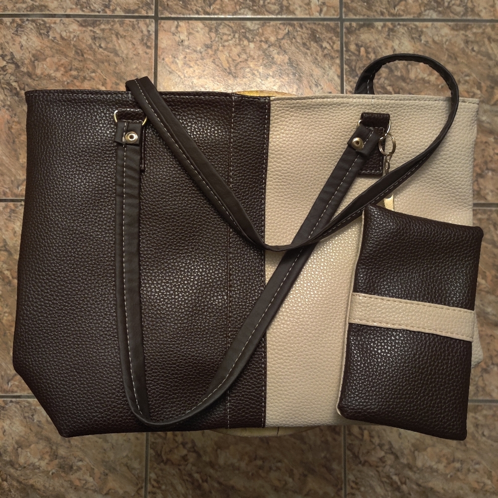 Chocolate brown & Cream tote with coin purse.